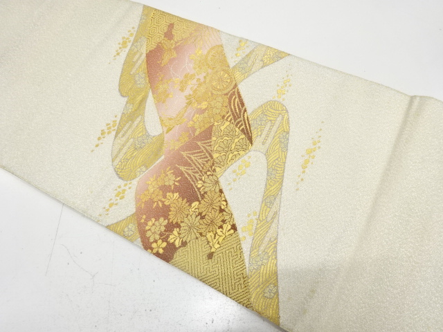 アンティーク　明綴れ　熨斗に源氏車・蝶・草花模様織り出し袋帯（材料）